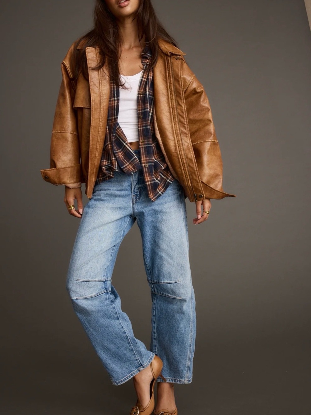 Cognac Oversized Faux Leather Jacket